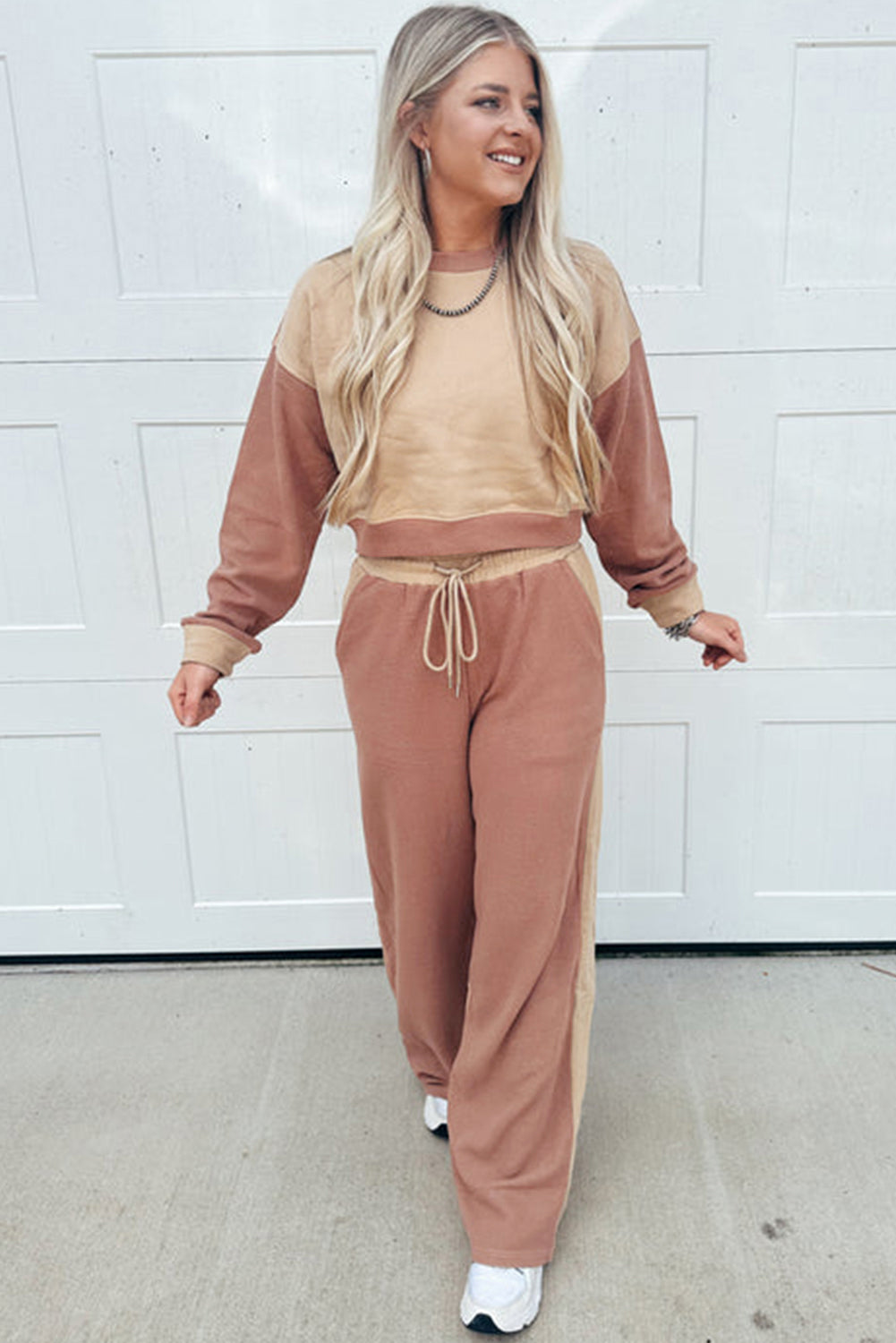Premium Khaki Color Block Long Sleeve Crop Top Drawstring Pants Set Dear-Lover Dropshipping